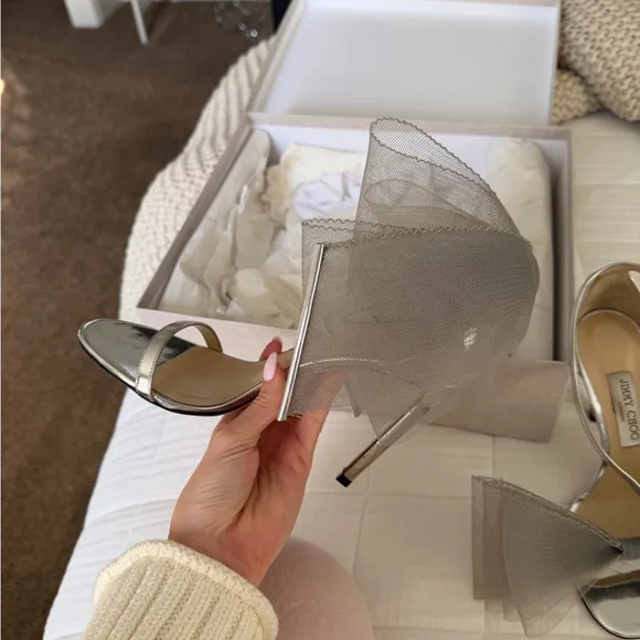 Jimmy Choo Silver Metallic Mesh Bow Slingback Heels - Picture 6 of 9